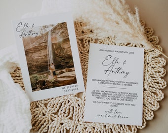 May include: A wedding announcement card with a photo of a couple standing in front of a waterfall. The card reads "Ella & Anthony" and "We Eloped! 08.12.20XX". The announcement also states that the couple exchanged wedding vows in an intimate ceremony in Big Falls, Nevada on August 14th, 20XX. The card is signed "with love, mr & mrs brown."