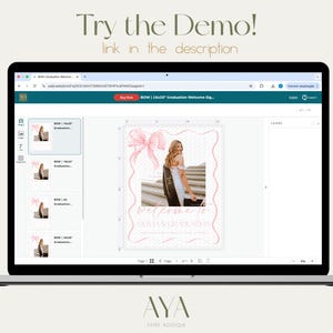 May include: A computer screen displaying a website with a pink and white graduation welcome sign template. The template features a photo of a person in a cap and gown, a pink bow, and the text "Welcome to Class of 2023".