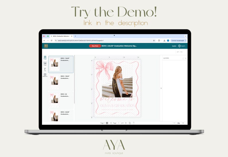 May include: A computer screen displaying a website with a pink and white graduation welcome sign template. The template features a photo of a person in a cap and gown, a pink bow, and the text "Welcome to Class of 2023".