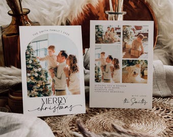 Puede incluir: Dos tarjetas de Navidad rectangulares blancas con fotografías familiares. La tarjeta izquierda tiene una foto arqueada de una familia junto a un árbol con el texto THE SMITH FAMILY | 2025 y MERRY christmas. La tarjeta derecha muestra cuatro fotos y el texto WISHING YOU A SEASON FILLED WITH WARM MOMENTS AND CHERISHED MEMORIES! WITH LOVE, The Smiths.
