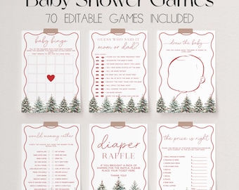 Peut inclure: Un ensemble de cartes de jeu de baby shower imprimables sur le thème de la forêt d'hiver. Les cartes sont de couleur rouge et blanche et comprennent des jeux comme "Baby Bingo", "Devinez qui a dit ça : Maman ou Papa ?", "Dessinez le bébé", "Maman préférerait", "Tombola de couches", et "Le prix est juste".