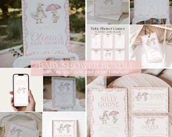 Little Silly Goose Baby Shower Bundle, Pink Gingham Goose Baby Shower Invitation Template | NOVA