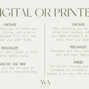 The image is a digital or printed advertisement for a service that allows users to personalize their items, download and print their files, and receive items in envelopes.