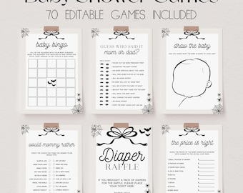 May include: A collection of printable baby shower games, including bingo, "Guess Who Said It," and "Draw the Baby." Each game is designed with a Halloween theme, featuring spiderwebs and bats. The text "Baby Shower Games" is at the top.