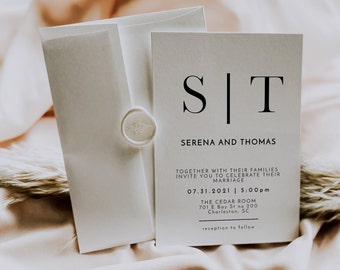 May include: A white wedding invitation with a wax seal. The invitation features the couple's names, "Serena and Thomas", and the date and time of their wedding: "07.31.2021 | 5:00pm". The invitation also includes the location of the wedding: "THE CEDAR ROOM 701 E Bay St no 200 Charleston, SC".