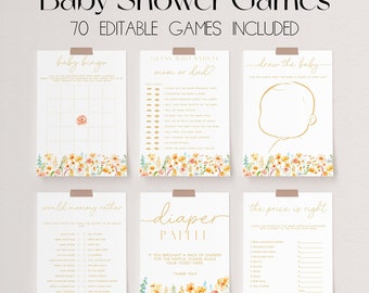 May include: A set of printable baby shower game cards with a floral theme. The cards include games like "Baby Bingo", "Guess Who Said It: Mom or Dad?", "Draw the Baby", "Would Mommy Rather", "Diaper Raffle", and "The Price is Right".