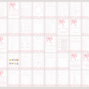 May include: A collection of pink and white baby shower game cards. Each card features a pink bow and decorative border. The cards have various game titles and prompts, perfect for a baby shower celebration.