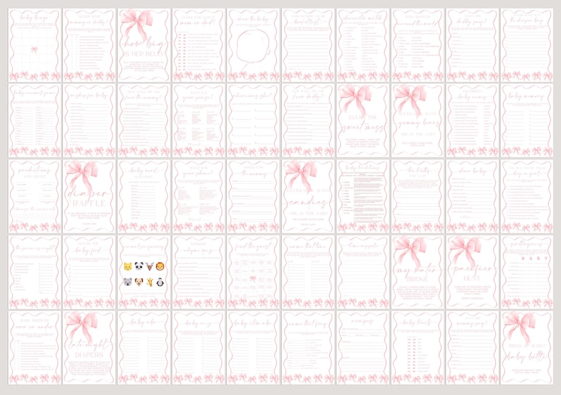 May include: A collection of pink and white baby shower game cards. Each card features a pink bow and decorative border. The cards have various game titles and prompts, perfect for a baby shower celebration.