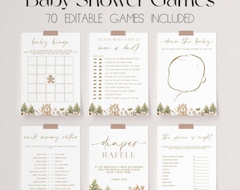 Peut inclure: Ensemble de jeux de baby shower imprimables, dont le bingo, "Devinez qui a dit ça" et "Dessinez le bébé". Chaque jeu présente un design festif avec des illustrations de maisons en pain d'épices et de pins. Le texte "Baby Shower Games" est en haut.