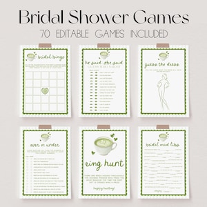 May include: A collection of six printable bridal shower games, including bingo, "He Said, She Said," and "Guess the Dress." Each game card features a green scalloped border and a watercolor teacup illustration. The text "Bridal Shower Games" and "70 Editable Games Included" are at the top.