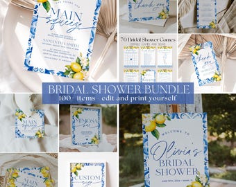 Mediterranean Lemon Bridal Shower Invitation Bundle, Main Squeeze Bridal Shower Invitation and Games Bundle, Italian Blue Tiles Shower | GIA
