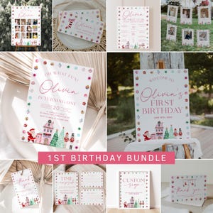 Pink Christmas First Birthday Invitation Bundle, Oh What Fun Christmas 1st Birthday Invitation, December Winter Birthday Decorations | LENA