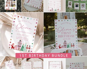 Pink Christmas First Birthday Invitation Bundle, Oh What Fun Christmas 1st Birthday Invitation, December Winter Birthday Decorations | LENA