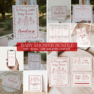 May include: A selection of baby shower stationery in red and white, featuring festive designs. Includes invitations, thank you cards, games, and signs. The text reads "A Merry Little Baby Shower" and "Baby Shower Bundle 100+ items edit and print yourself."