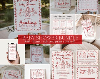 May include: A selection of baby shower stationery in red and white, featuring festive designs. Includes invitations, thank you cards, games, and signs. The text reads "A Merry Little Baby Shower" and "Baby Shower Bundle 100+ items edit and print yourself."