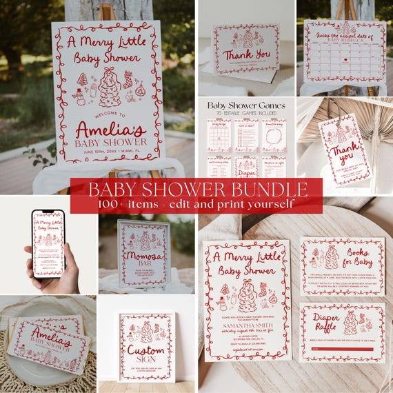 Merry Little Baby Shower Bundle, Hand Drawn Christmas Baby Shower Invitation Template | FROST