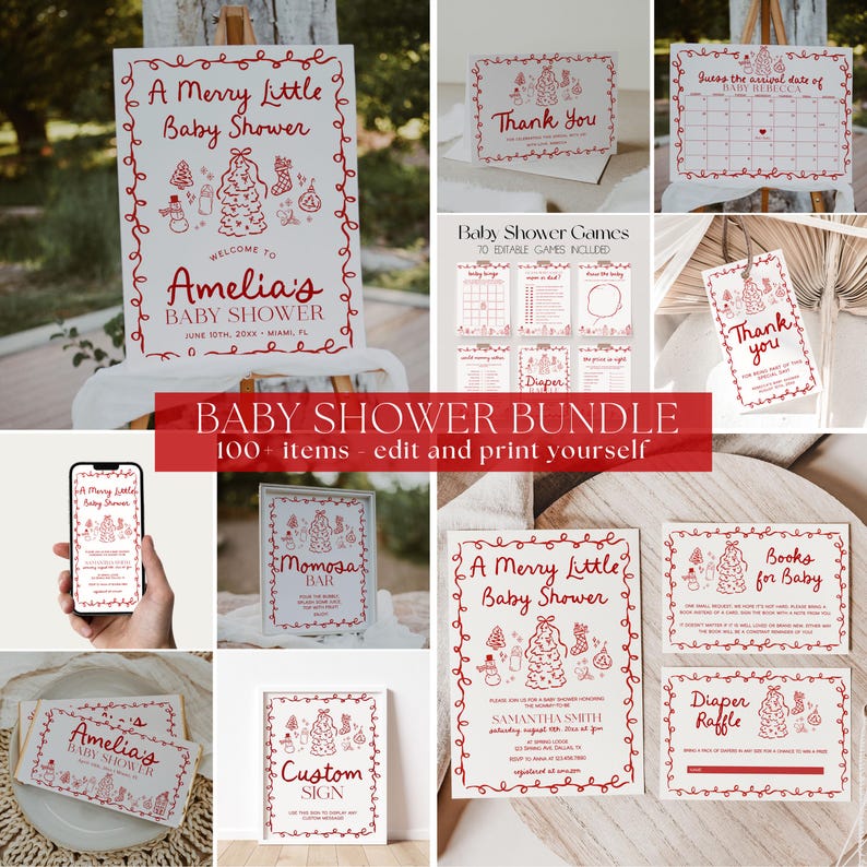 May include: A selection of baby shower stationery in red and white, featuring festive designs. Includes invitations, thank you cards, games, and signs. The text reads "A Merry Little Baby Shower" and "Baby Shower Bundle 100+ items edit and print yourself."
