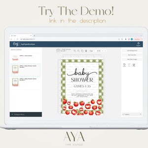 May include: A computer screen displaying a mockup of a baby shower invitation with a green and white gingham pattern, red apples, and the text "baby shower" and "games 1-35". The screen is open in a web browser with the text "Try The Demo! link in the description" at the top.