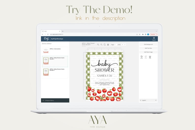 May include: A computer screen displaying a mockup of a baby shower invitation with a green and white gingham pattern, red apples, and the text "baby shower" and "games 1-35". The screen is open in a web browser with the text "Try The Demo! link in the description" at the top.