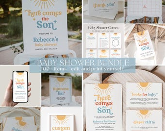 Here Comes the Son Baby Shower Bundle Template, Boho Sun Baby Shower Invitation, Sunshine Baby Shower Decorations | SON
