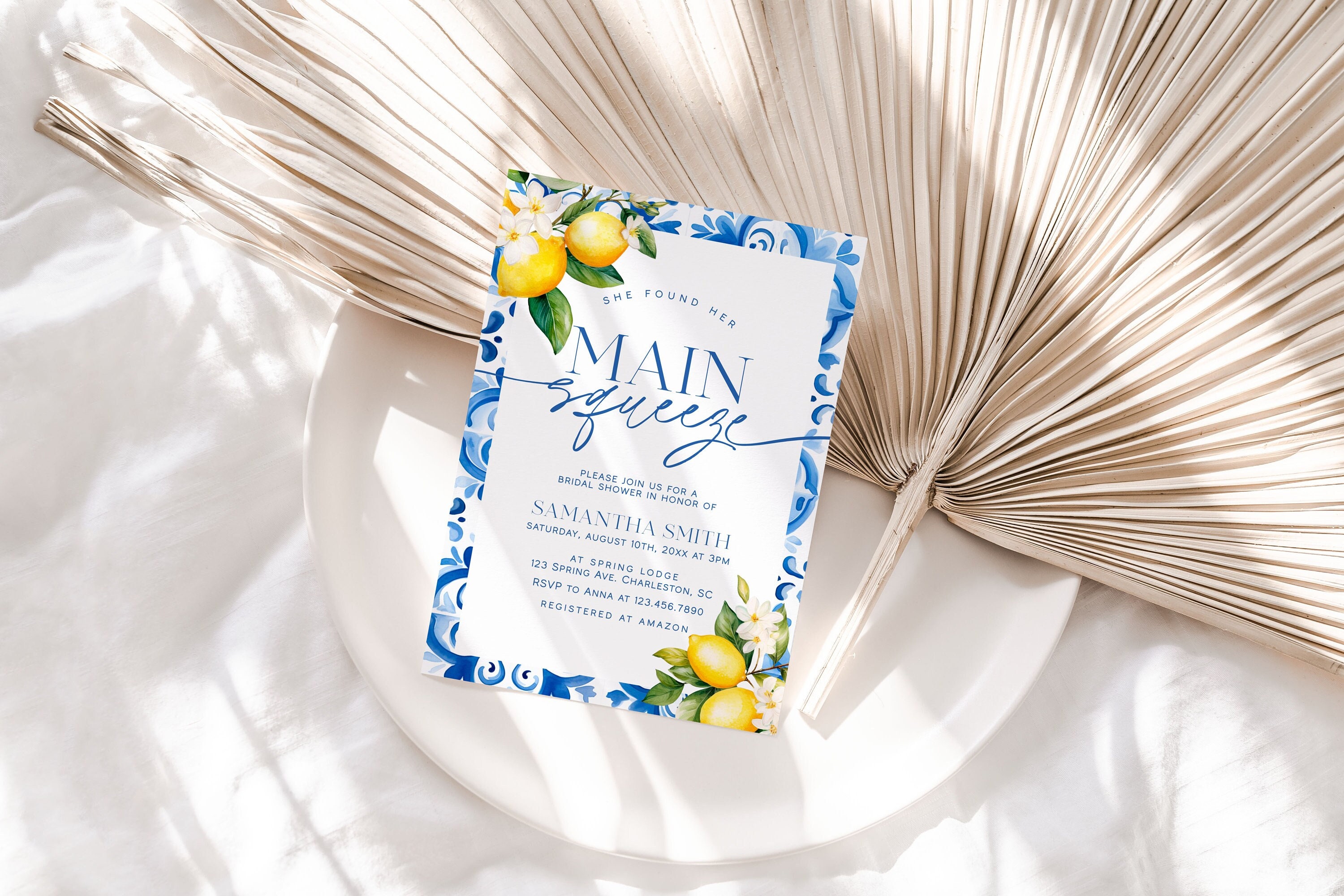 Main Squeeze Bridal Shower Invitation Template, Mediterranean Lemon Bridal Shower Invite, Italian Blue Tiles Bridal Shower Invitation | GIA