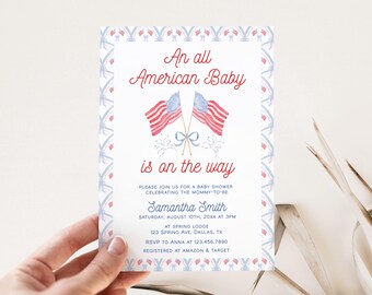 All American Baby Shower Invitation Template, 4th of July Baby Shower Invite, Summer Patriotic Baby Shower Invitation, Made in USA | USA