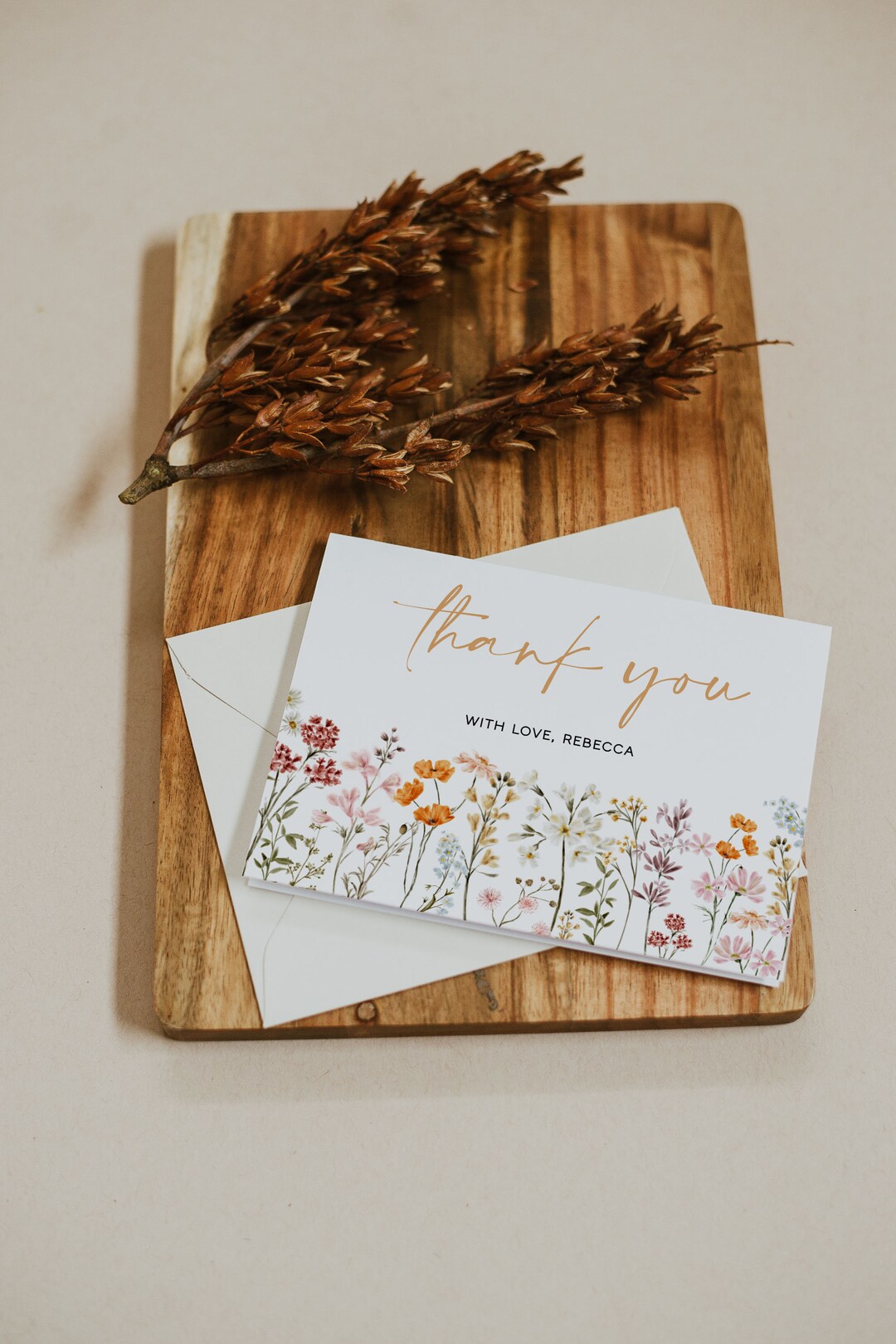 Wildflower Thank You Card Template, Boho Floral Thank You Card ...