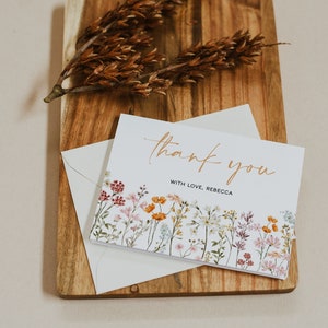Wildflower dank u kaartsjabloon, Boho bloemen dank u kaart afdrukbaar, baby in bloei baby shower dank u kaarten, tented dank u | JULIA