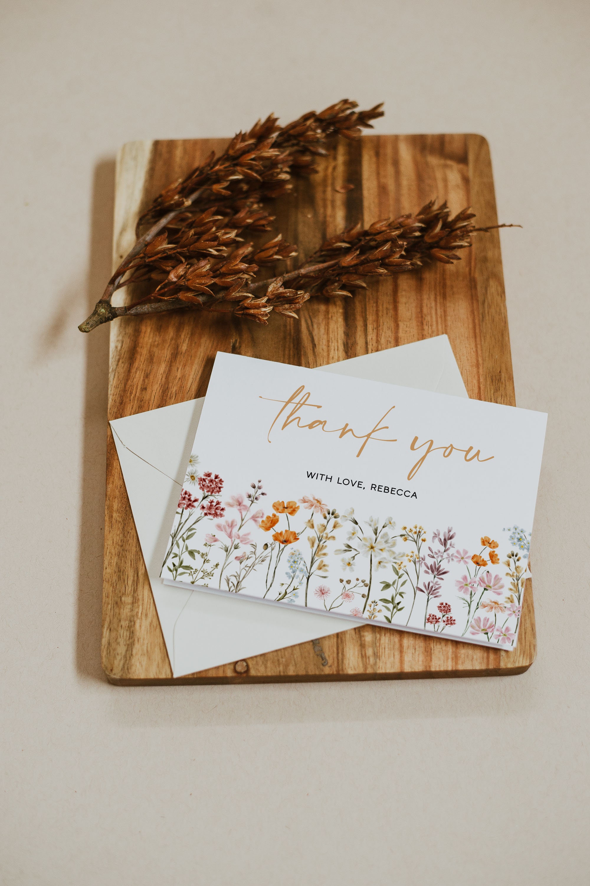 Wildflower Thank You Card Template, Boho Floral Thank You Card ...