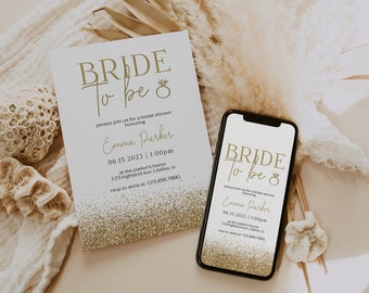 Bridal Shower Invitation Template, Gold Bridal Shower Invite, Glitter Bride To Be Invitation, Modern Minimalist Bridal Shower Evite | JAY