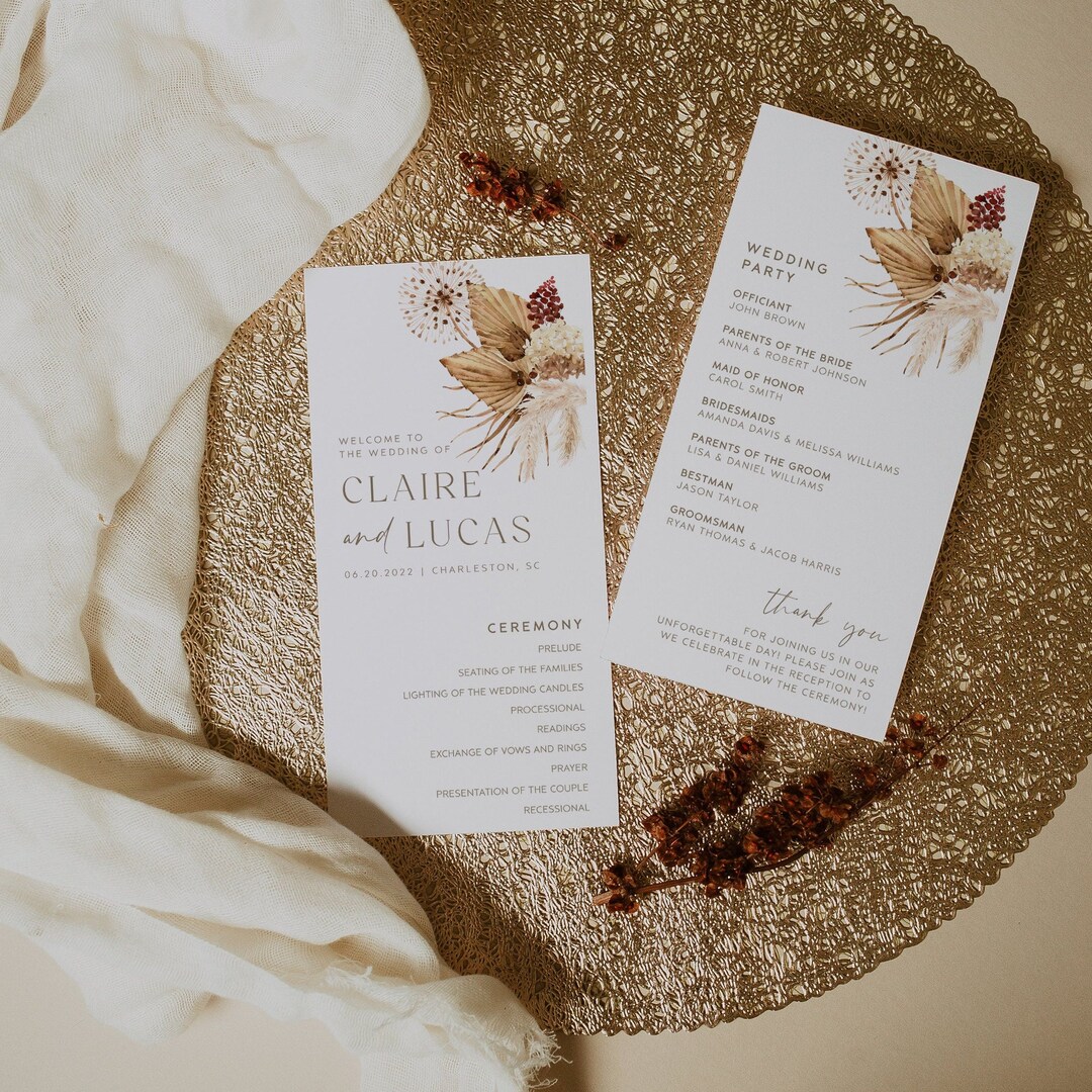 Boho Wedding Program Template, Floral Wedding Program, Pampas Wedding ...