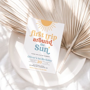 First Trip Around the Sun Birthday Invitation Template, Sun 1st Birthday Invite, Sunshine Birthday Invitation, Boho Sun Birthday SON image 4