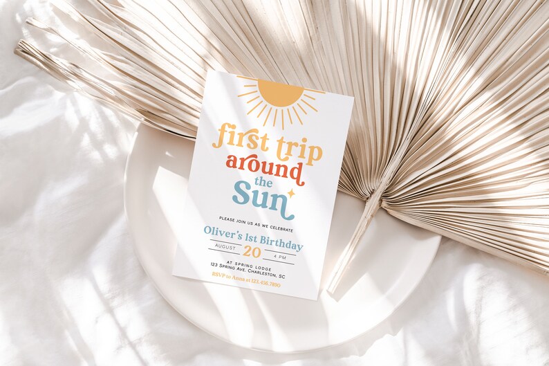 First Trip Around the Sun Birthday Invitation Template, Sun 1st Birthday Invite, Sunshine Birthday Invitation, Boho Sun Birthday SON image 4