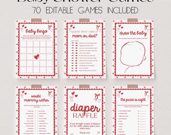 Puede incluir: Un conjunto de seis imprimibles de juegos para baby shower. Cada tarjeta de juego tiene un borde de corazón rojo y está sujeta por un clip. Los juegos incluyen "Baby Bingo", "Adivina quién lo dijo", "Dibuja al bebé", "¿Mamá preferiría?", "Rifa de pañales", etc.