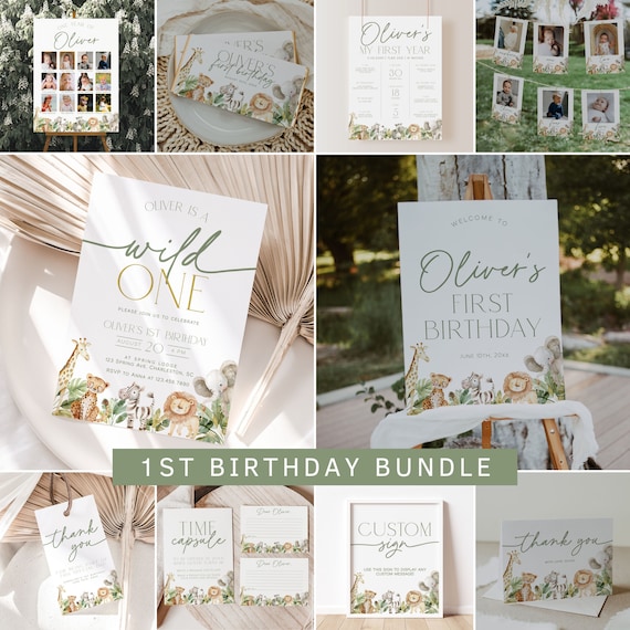 Wild One First Birthday Invitation Bundle, Safari Animals 1st Birthday Invitation Template, Jungle Boy 1st Birthday Decorations | WILD