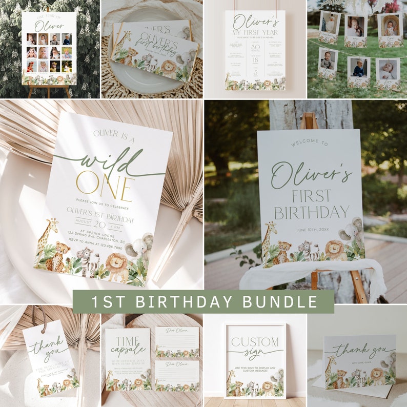 May include: A collection of 1st birthday party supplies featuring a jungle animal theme. Includes invitations, welcome signs, photo displays, and thank you cards. The designs incorporate watercolor illustrations of giraffes, lions, elephants, and zebras, with the text "Oliver" and "Wild One".