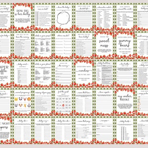 May include: A set of 25 printable baby shower game cards featuring a red apple and green plaid pattern. The games include "How Big is Her Belly?", "Guess the Sweet Mess", "Guess How Many Candies are in the Jar", "Late Night Diapers", and more.