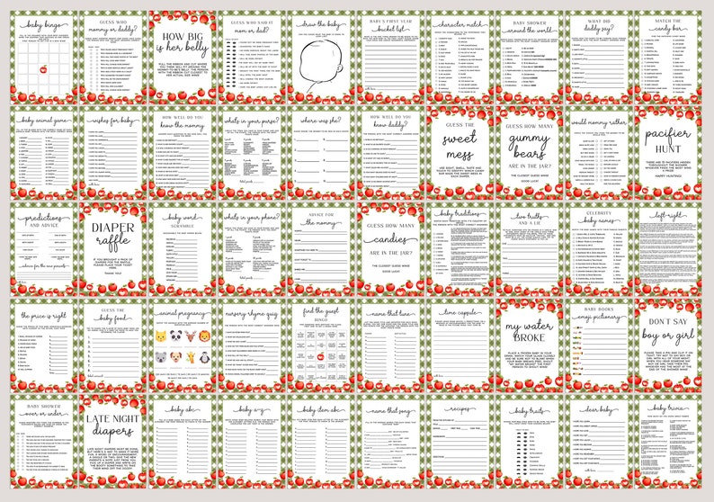 May include: A set of 25 printable baby shower game cards featuring a red apple and green plaid pattern. The games include "How Big is Her Belly?", "Guess the Sweet Mess", "Guess How Many Candies are in the Jar", "Late Night Diapers", and more.