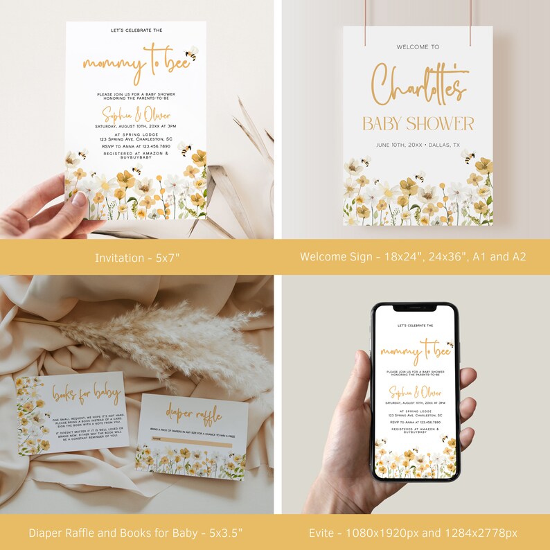 May include: A set of printable baby shower invitations and signage featuring a floral design with yellow and white flowers and bees. The invitation is 5x7 inches, the welcome sign is 18x24 inches, and the diaper raffle and books for baby cards are 5x3.5 inches. The text on the invitation reads "Let's celebrate the mommy to bee" and includes the names "Sophia & Oliver". The welcome sign reads "Welcome to Charlotte's Baby Shower" and includes the date "June 10th, 20XX" and location "Dallas, TX".