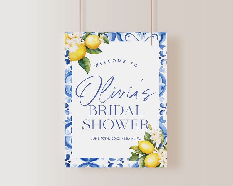Plantilla de signo de bienvenida de despedida de soltera de limón de azulejos azules, cartel de bienvenida de despedida de soltera de apretón principal, cartel de signo de bienvenida mediterráneo / GIA imagen 2