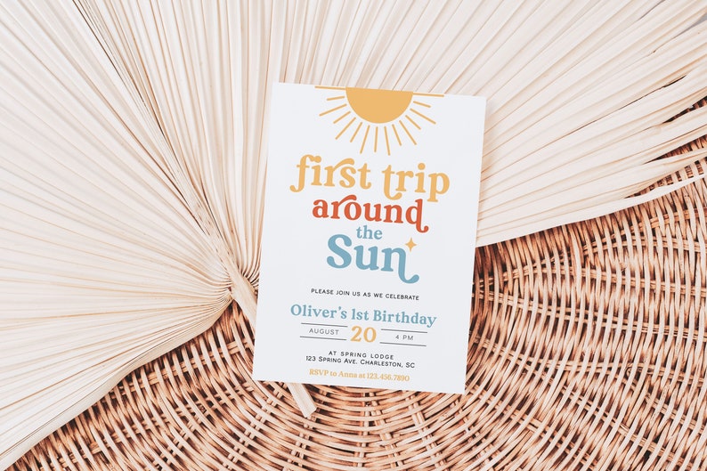 First Trip Around the Sun Birthday Invitation Template, Sun 1st Birthday Invite, Sunshine Birthday Invitation, Boho Sun Birthday SON image 1