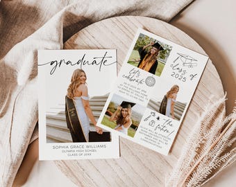 Puede incluir: Dos tarjetas blancas de anuncio de graduación con fotos de una persona graduada con toga y birrete. Las tarjetas incluyen el texto graduate, class of 2025, let's celebrate y the future, junto con detalles de Sophia Grace Williams y Olympia High School.