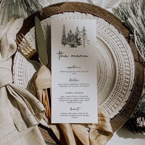 Modello per menu di nozze in pino, menu di nozze invernali, menu di nozze stampabile, menu rustico, menu di nozze in montagna, menu doccia / LINA