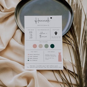 May include: A bridesmaid card with the date 03 16 23, the wedding of Chloe and Thomas, the place The Spring Hall Charleston, SC, and the colors pink, beige, green, and teal. The card also includes the party and dress details.