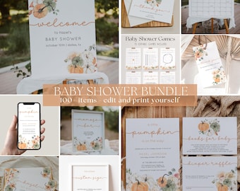 Może przedstawiać: Zestaw papeterii na baby shower z motywem dyni. Zawiera zaproszenia, znaki powitalne, kartki z podziękowaniami, gry i kalendarz. Tekst brzmi "Baby Shower Bundle 100 items edit and print yourself."