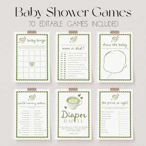 May include: A collection of six baby shower game printables. Each card is white with a green scalloped border and a small teacup graphic. Games include baby bingo, guess who said it, draw the baby, would mommy rather, diaper raffle, and the price is right.