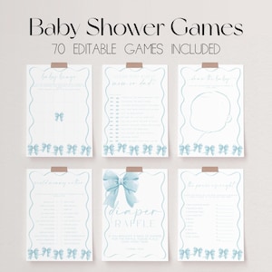 70 Baby Shower Games, Blue Bow Baby Shower Game Bundle, Blue Coquette Baby Shower Bundle, Baby Party Games, Blue Boy Baby Games | BOW