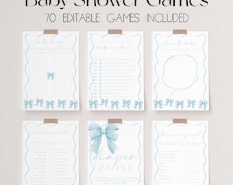 May include: A set of printable baby shower game cards featuring a blue and white watercolour bow design. The cards include games such as "Baby Bingo", "Guess Who's Who", "Draw the Baby", "Would You Rather", "Diaper Raffle", and "The Price is Right".