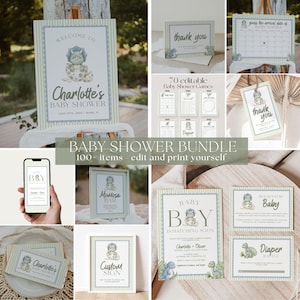 May include: A baby shower stationery bundle featuring a dinosaur theme with light blue and white striped borders. The set includes welcome signs, invitations, thank you cards, game cards, and raffle tickets with text like Charlotte's Baby Shower.