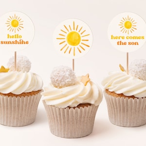 Sun Cupcake Toppers Template, Here Comes the Son Cupcake Topper, Editable Sunshine Cupcake Topper, Sun Baby Shower Cupcake Tags | SUN